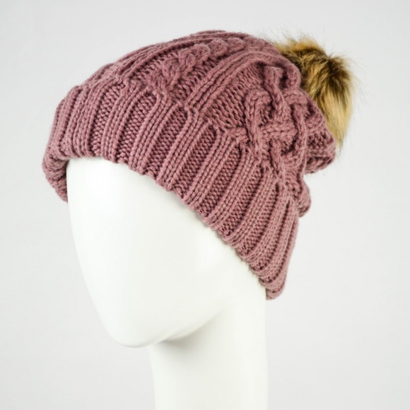 Rust cable knit fur pom beanie - Picture 3 of 7